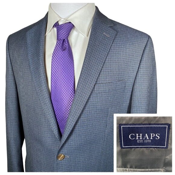 CHAPS Sport Coat 44L Blue Puppytooth Check Polyester Rayon Two Button Vented